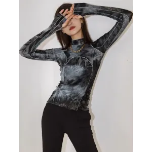 High Neck Tie Dye Top in Black and Grey for Y2K Style
