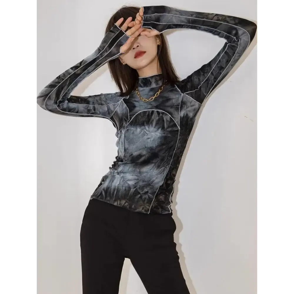 High Neck Tie Dye Top in Black and Grey for Y2K Style