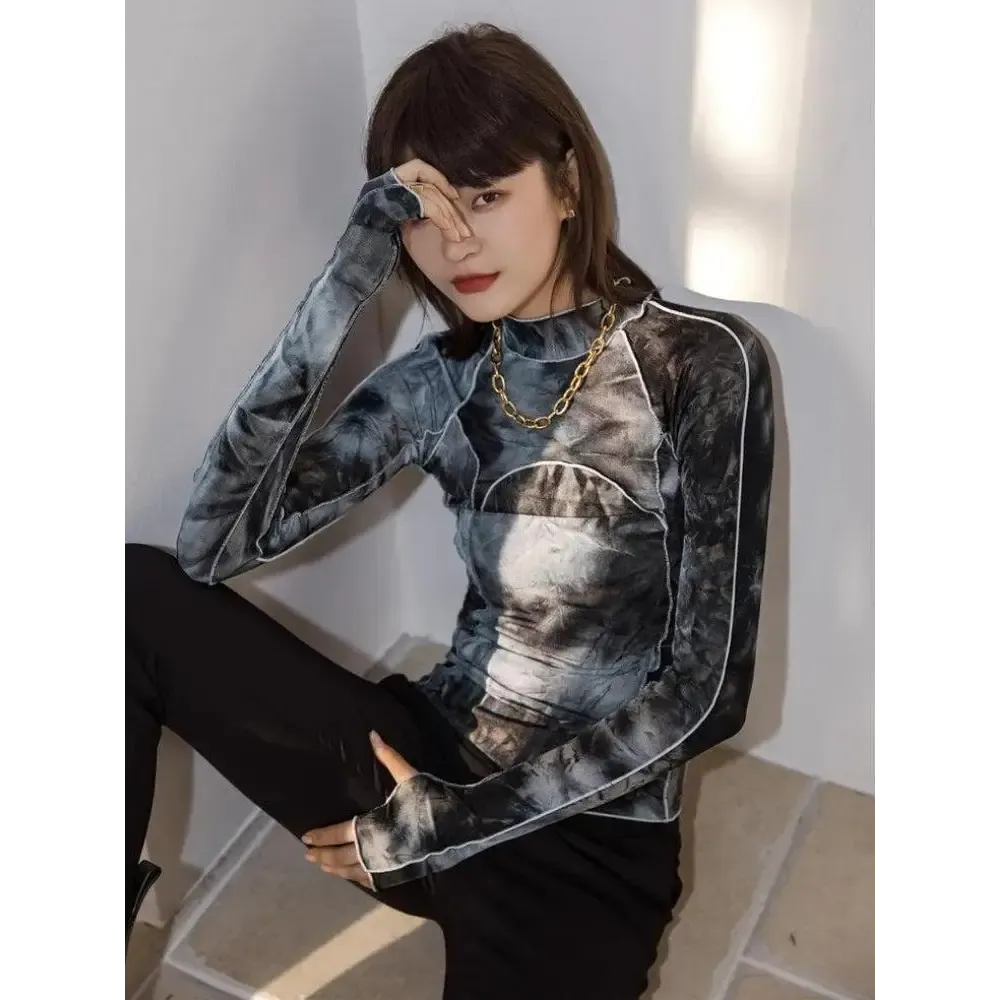 High Neck Tie Dye Top in Black and Grey for Y2K Style