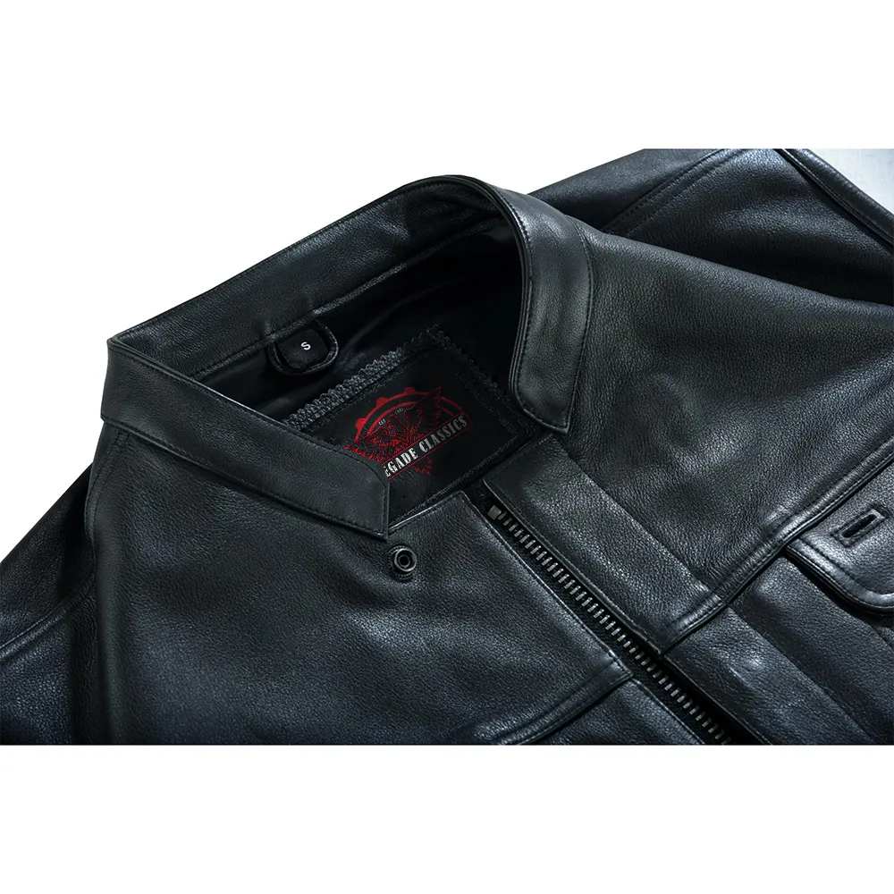 Highway Jack Men's Black Leather Motorcycle Vest Scoop Neck & Snap-Closure Pockets