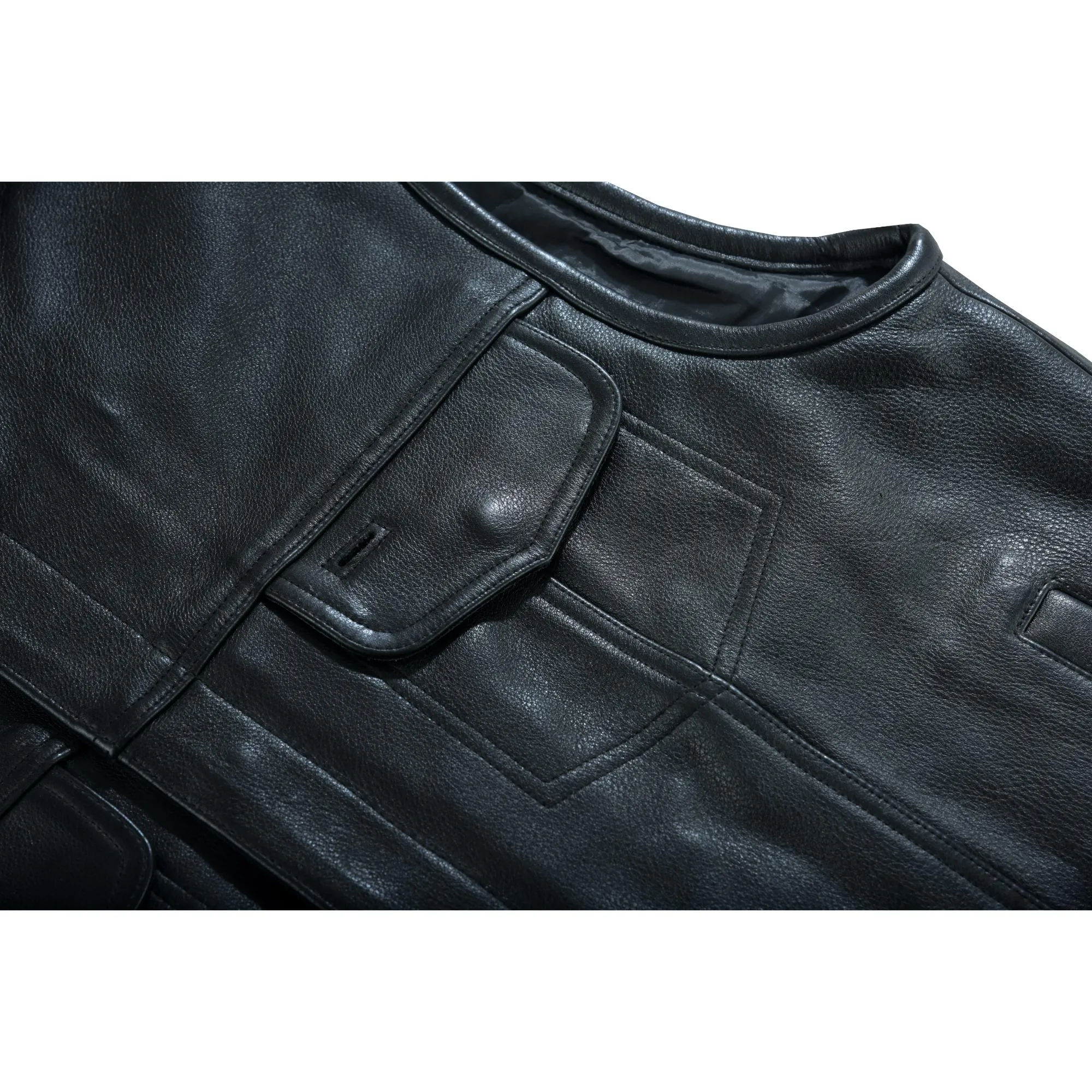 Highway Jack Men's Black Leather Motorcycle Vest Scoop Neck & Snap-Closure Pockets