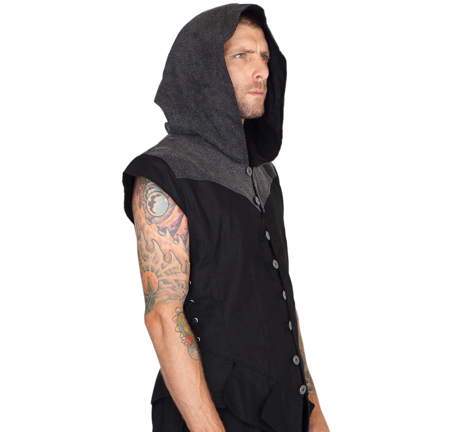 'Hooded Doublet' Steampunk Vest - Black/Stone Black