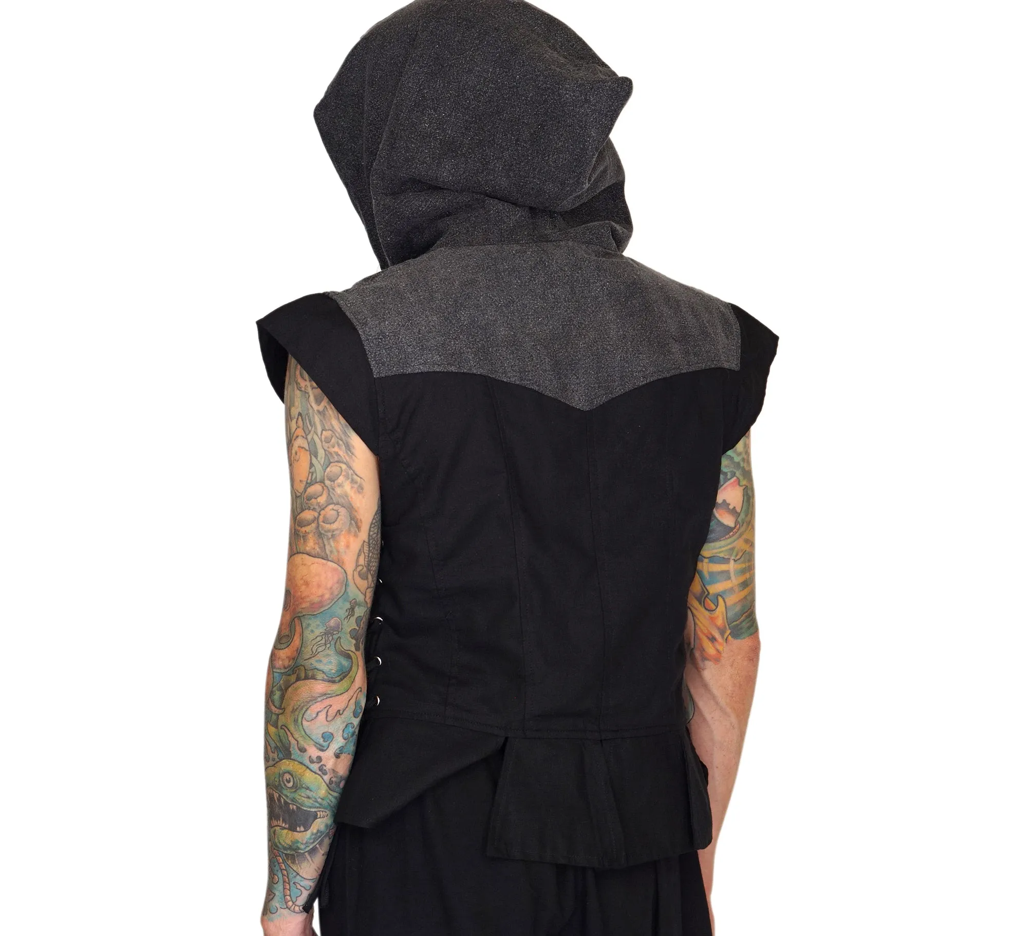 'Hooded Doublet' Steampunk Vest - Black/Stone Black