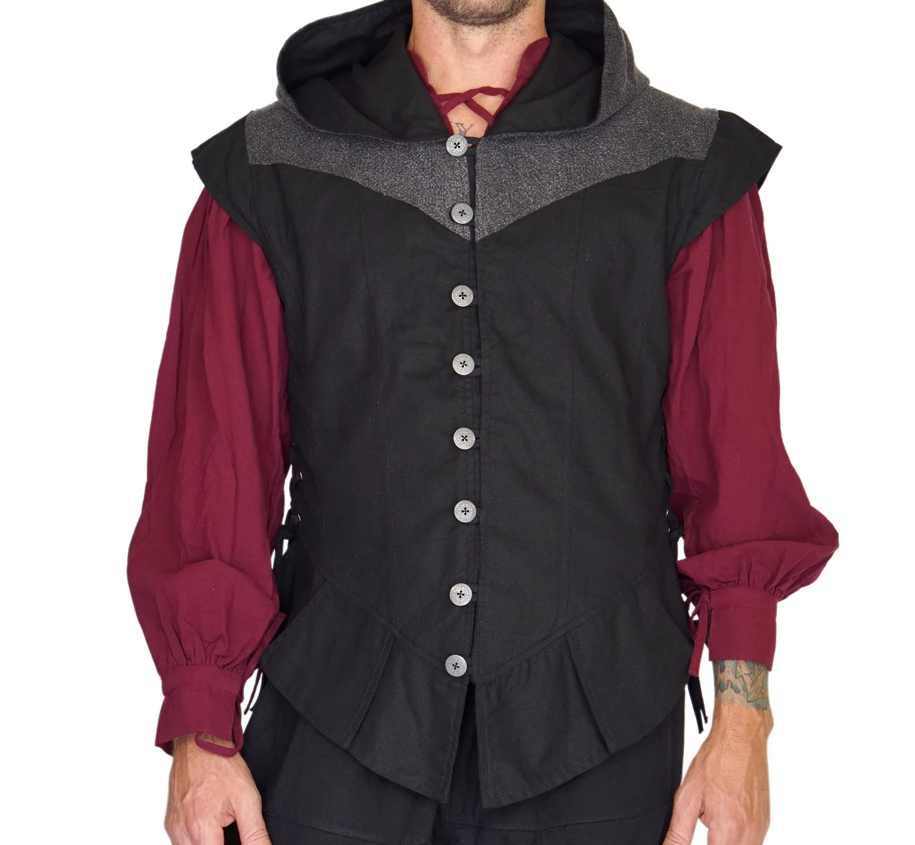 'Hooded Doublet' Steampunk Vest - Black/Stone Black