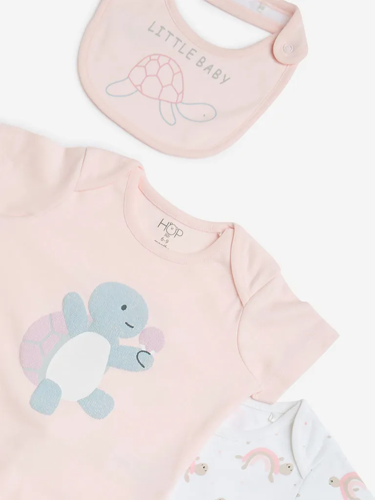 HOP Baby Light Pink Cotton Rompers with Bib - Pack of 2