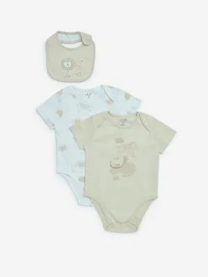 HOP Baby Light Taupe Cotton Rompers with Bib - Pack of 2
