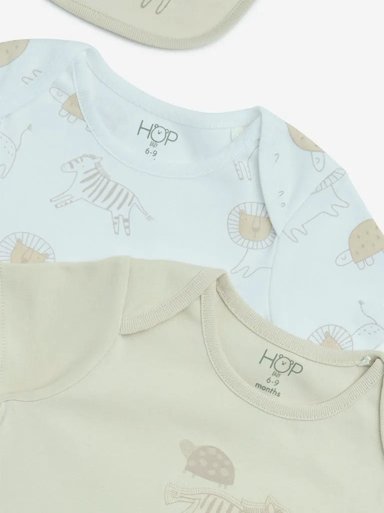 HOP Baby Light Taupe Cotton Rompers with Bib - Pack of 2