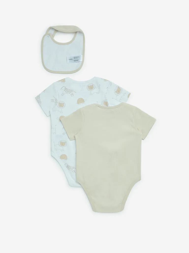 HOP Baby Light Taupe Cotton Rompers with Bib - Pack of 2