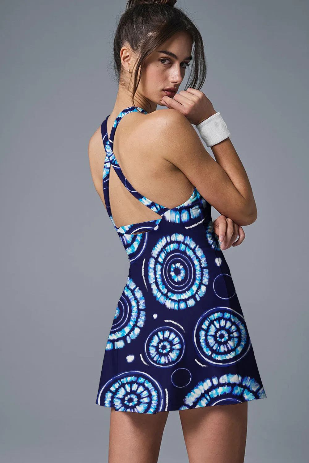 Indigo Spiral Women's Sleeveless Tennis Dress with Built-in Bra & Shorts, Blue Tie-Dye Racerback Activewear