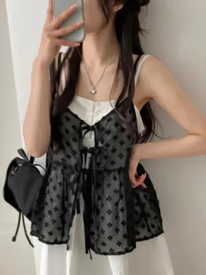 JazzHer Summer Korean Style Overlap Tank Top Women Bow Lace Up Jacquard Polka Dot Outwear Vests Sweet Sleeveless Chiffon Tops Chic