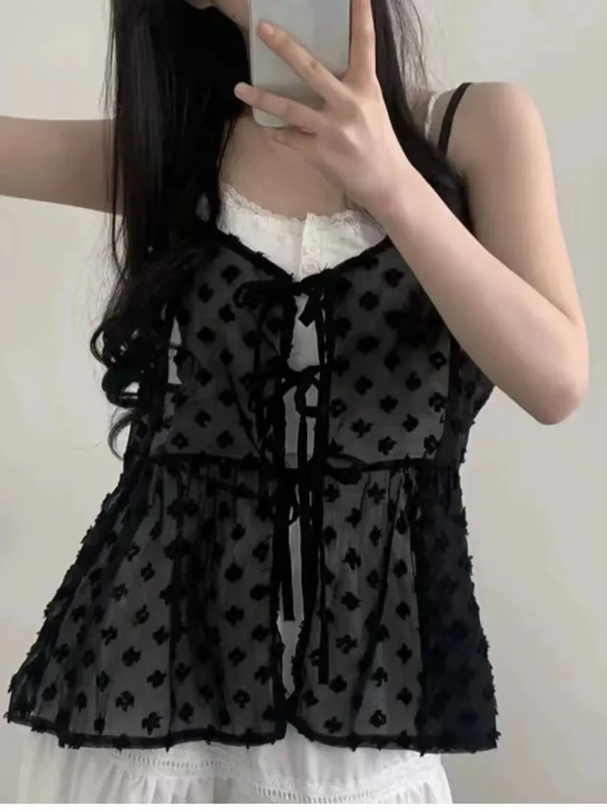 JazzHer Summer Korean Style Overlap Tank Top Women Bow Lace Up Jacquard Polka Dot Outwear Vests Sweet Sleeveless Chiffon Tops Chic
