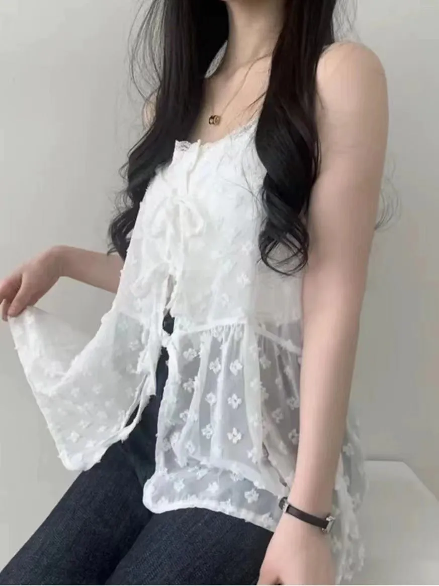JazzHer Summer Korean Style Overlap Tank Top Women Bow Lace Up Jacquard Polka Dot Outwear Vests Sweet Sleeveless Chiffon Tops Chic