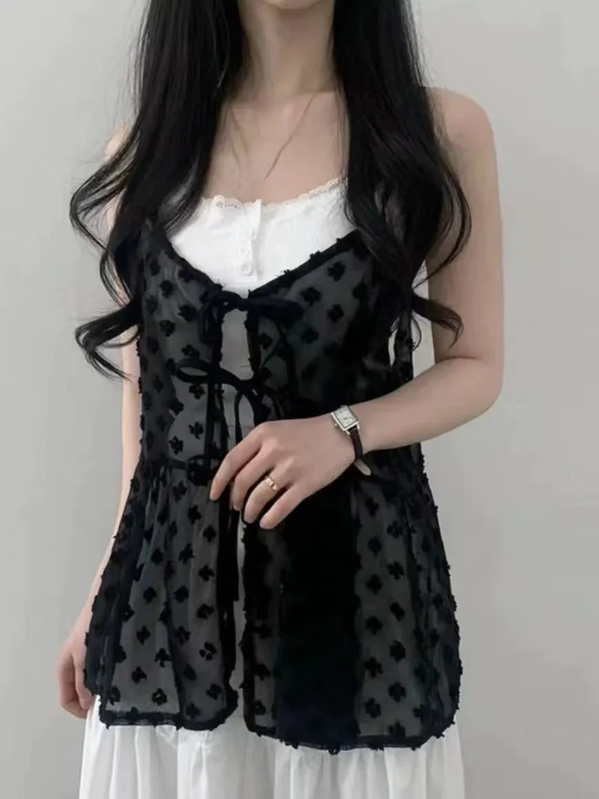 JazzHer Summer Korean Style Overlap Tank Top Women Bow Lace Up Jacquard Polka Dot Outwear Vests Sweet Sleeveless Chiffon Tops Chic