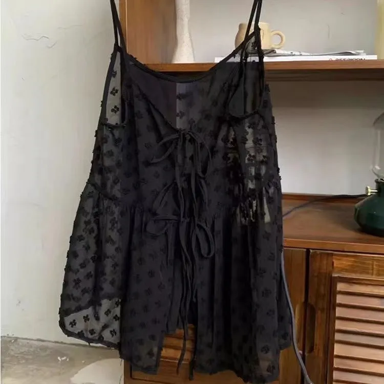 JazzHer Summer Korean Style Overlap Tank Top Women Bow Lace Up Jacquard Polka Dot Outwear Vests Sweet Sleeveless Chiffon Tops Chic