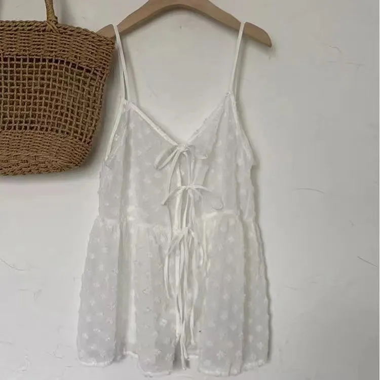 JazzHer Summer Korean Style Overlap Tank Top Women Bow Lace Up Jacquard Polka Dot Outwear Vests Sweet Sleeveless Chiffon Tops Chic