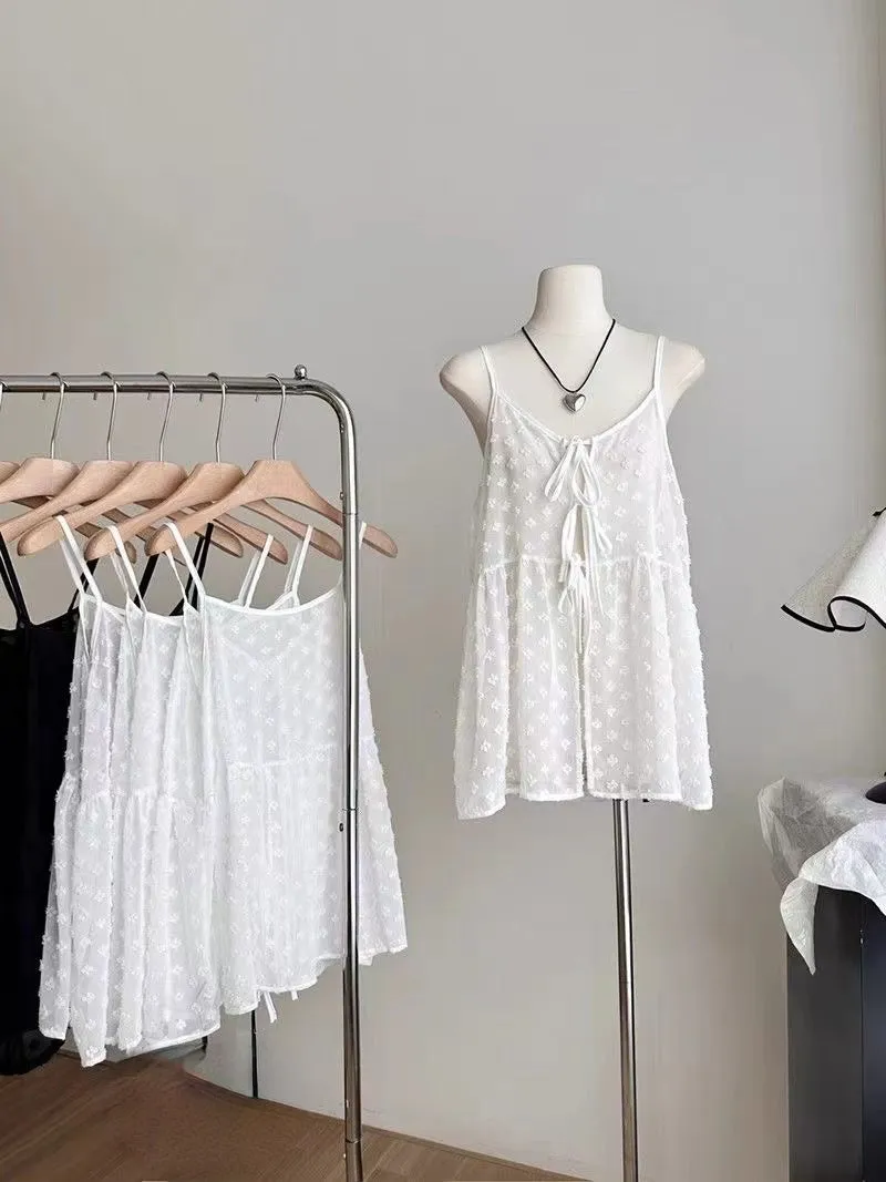 JazzHer Summer Korean Style Overlap Tank Top Women Bow Lace Up Jacquard Polka Dot Outwear Vests Sweet Sleeveless Chiffon Tops Chic