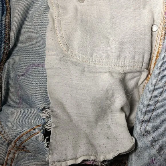 Jean Shorts Womens 34 Patchwork Hippie Upcycled Distressed Floral Blue OOAK READ