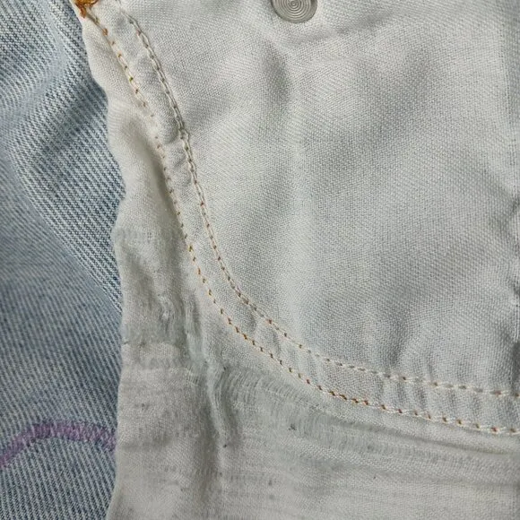 Jean Shorts Womens 34 Patchwork Hippie Upcycled Distressed Floral Blue OOAK READ