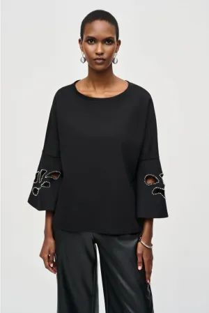 Joseph Ribkoff Black Embellished Boat Neck Cut-Out 3/4 Sleeves Top 243150