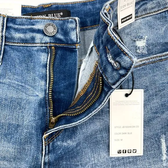 Judy Blue Distressed Raw Hem Shorts Blue High Waist Cut Offs Sz M