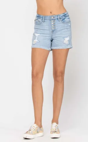 Judy Blue High Waist Cuffed Button-Fly Destroyed Denim Shorts *Curvy Sizes Only**