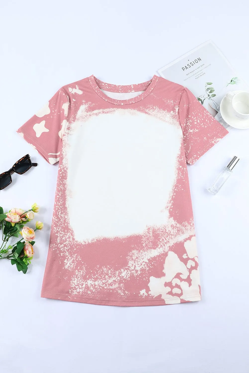 KaleaBoutique Tie Dye Color Bleached Solid Front Crew Neck Short Sleeve T Shirt Top