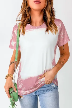 KaleaBoutique Tie Dye Color Bleached Solid Front Crew Neck Short Sleeve T Shirt Top