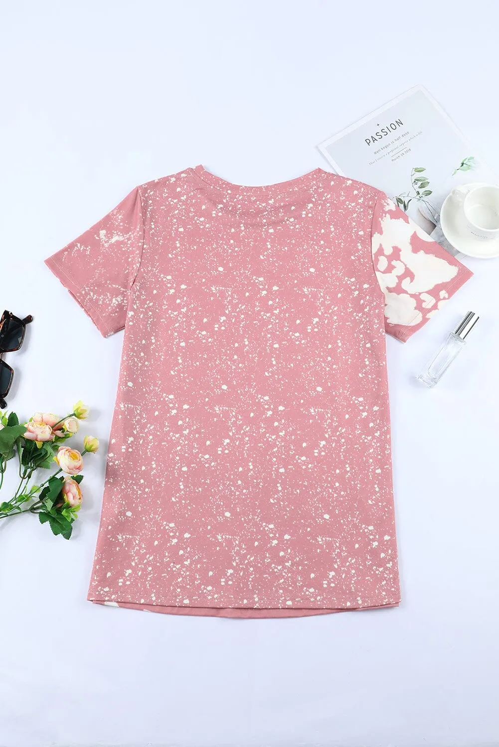 KaleaBoutique Tie Dye Color Bleached Solid Front Crew Neck Short Sleeve T Shirt Top