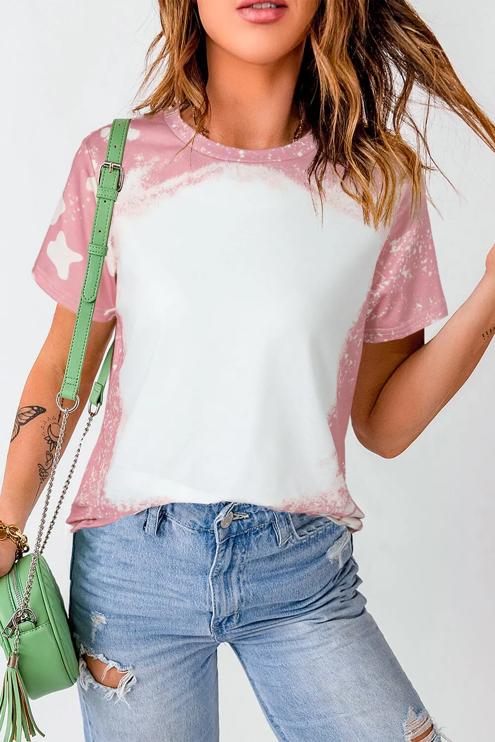 KaleaBoutique Tie Dye Color Bleached Solid Front Crew Neck Short Sleeve T Shirt Top