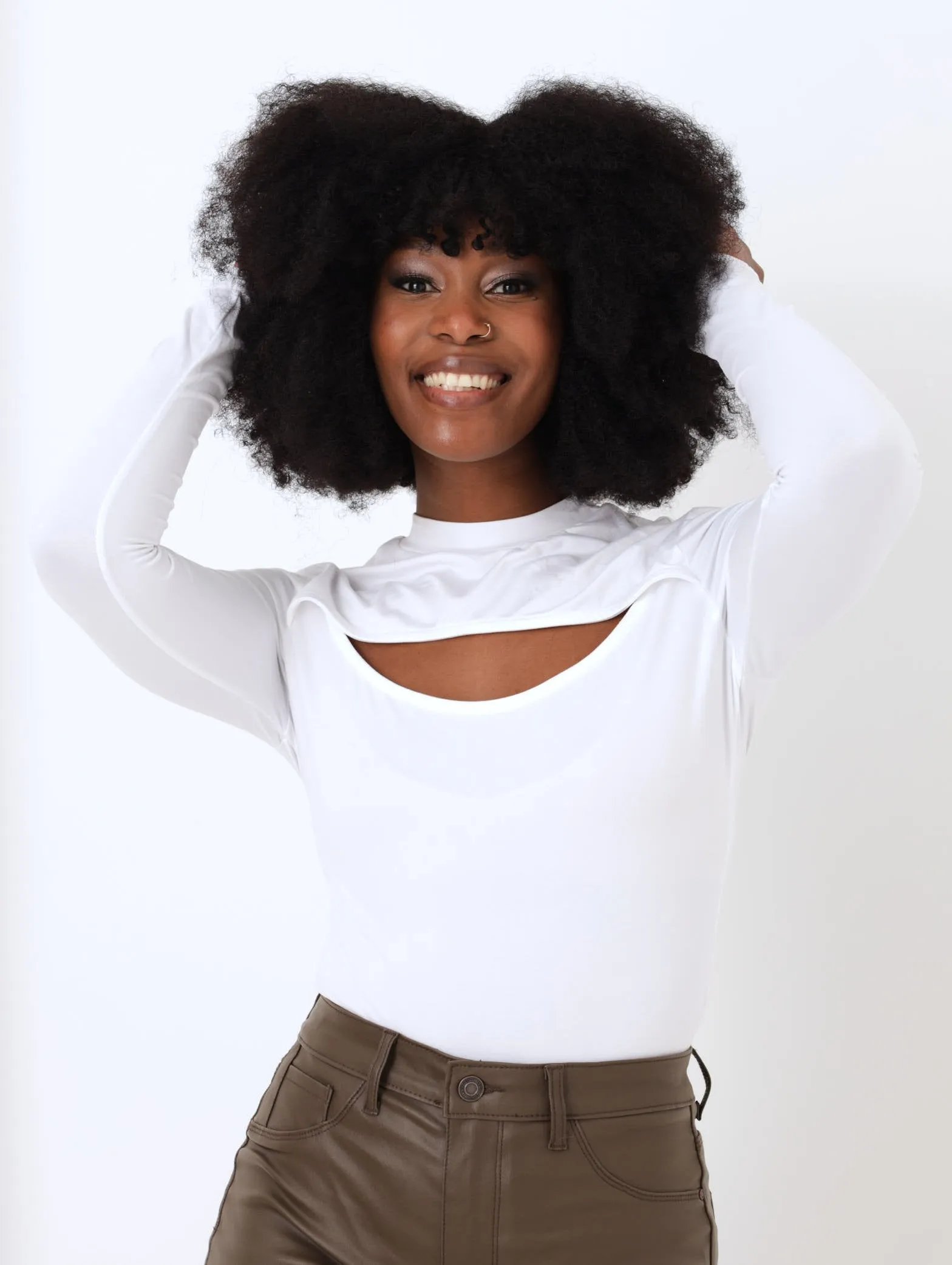 Ladies Long Sleeve Cut Out Tee - White