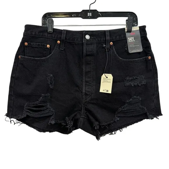 LEVI'S NWT $69.50 501 Distressed 5 Pocket High Rise Black Shorts Size 34