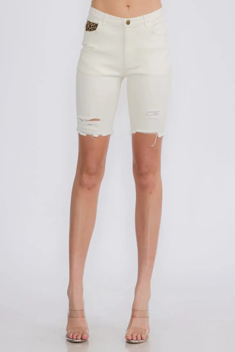 London Button Closure Stretch Shorts - White