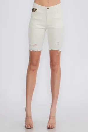 London Button Closure Stretch Shorts - White