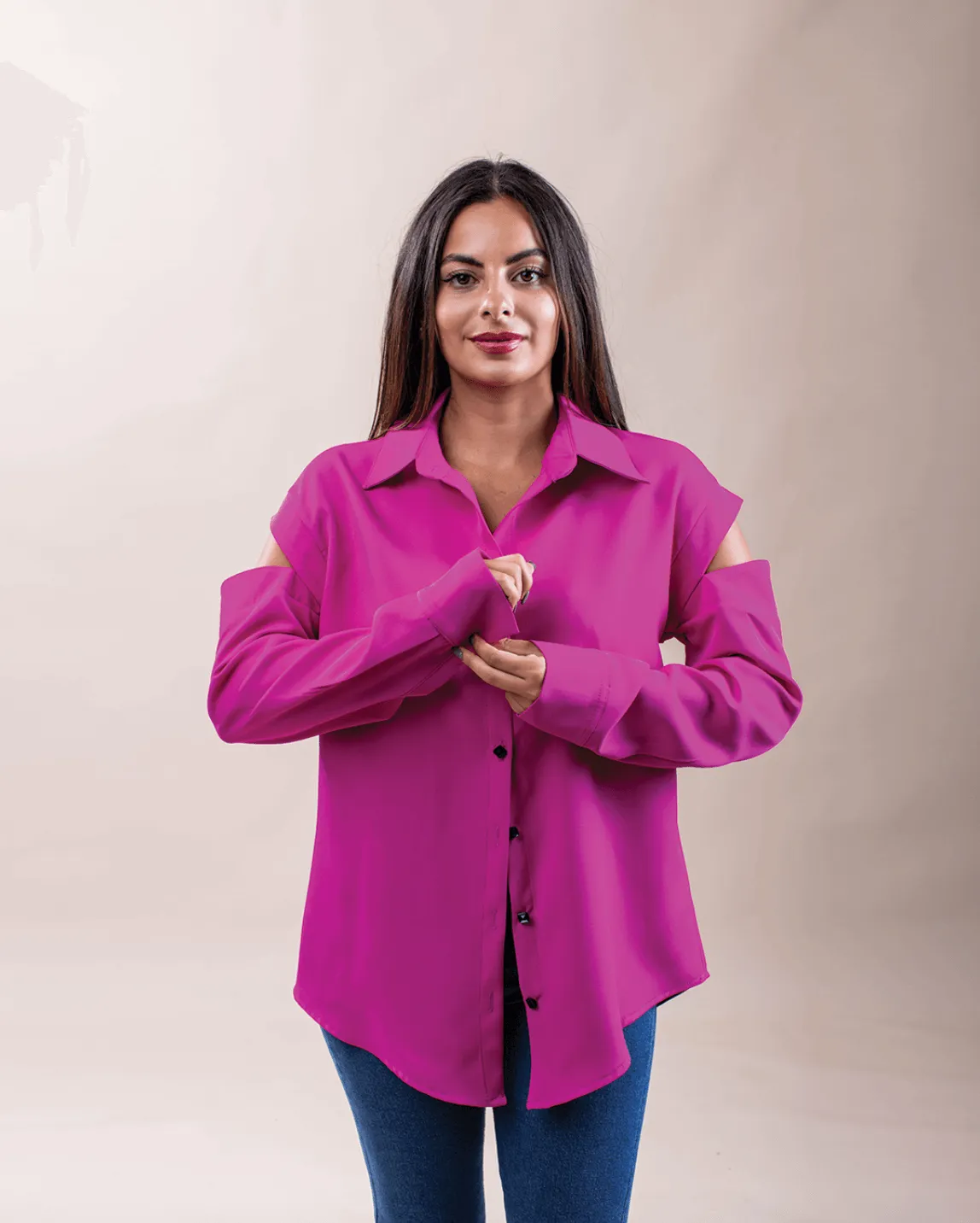Long-Sleeve Cut Out Plain Shirt