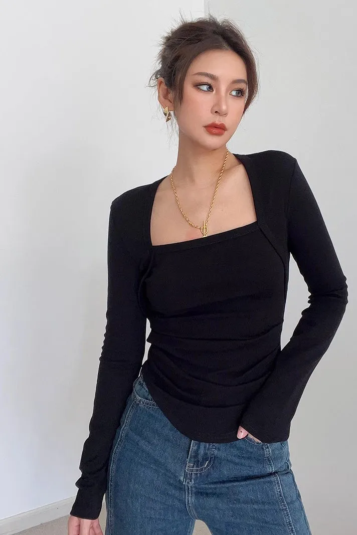 Long Sleeve Scoop Neck Tops Fitted Cut Out T-Shirt