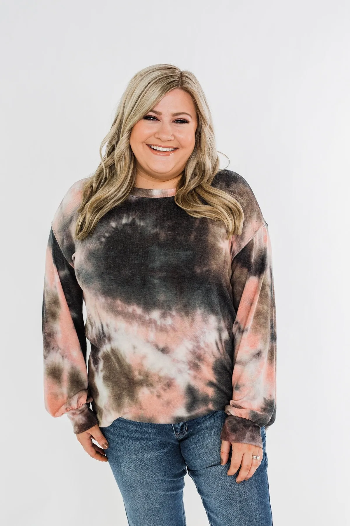 Love On My Mind Tie Dye Pullover Top- Charcoal & Coral