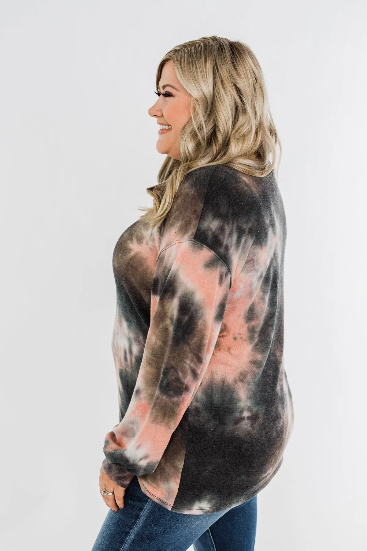Love On My Mind Tie Dye Pullover Top- Charcoal & Coral