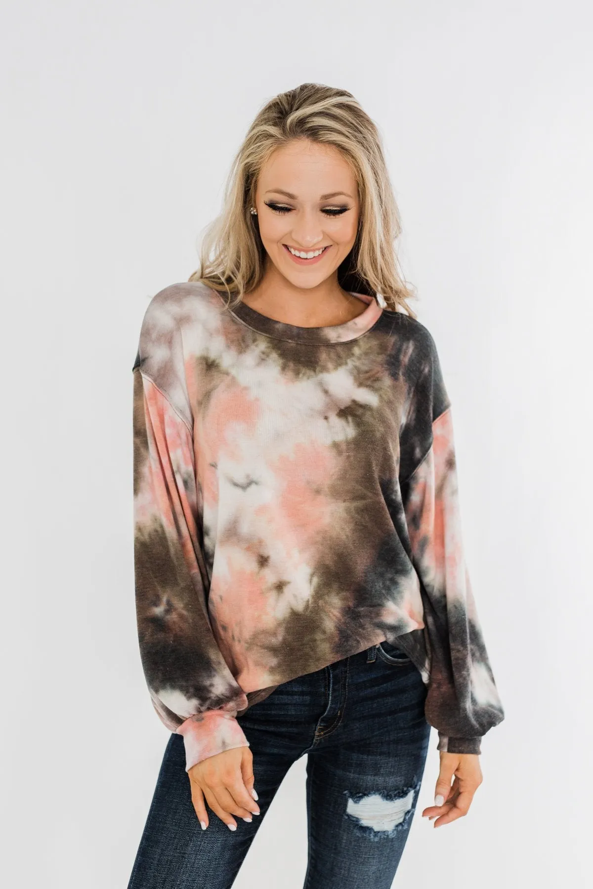 Love On My Mind Tie Dye Pullover Top- Charcoal & Coral
