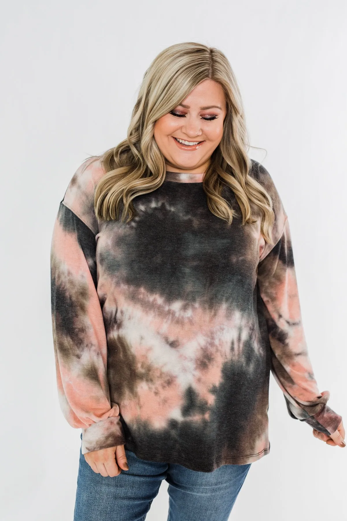 Love On My Mind Tie Dye Pullover Top- Charcoal & Coral