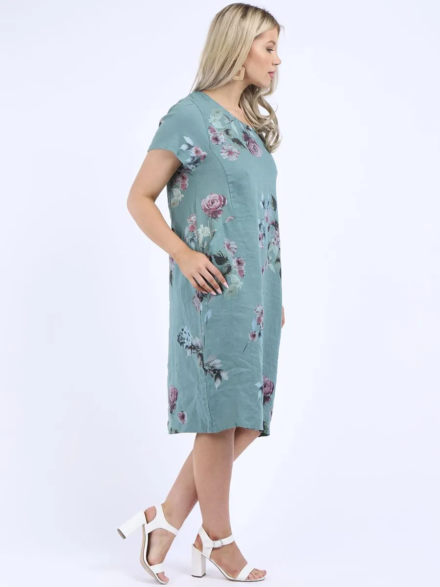 Made in Italy Classic Shift Flora Duo Linen Dress ~ Ocean