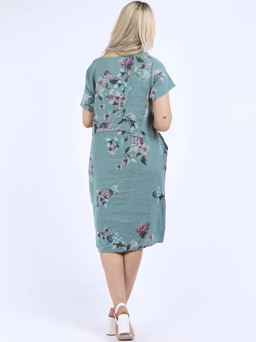 Made in Italy Classic Shift Flora Duo Linen Dress ~ Ocean