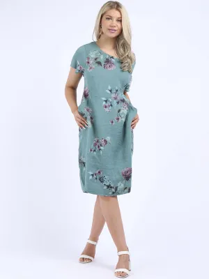 Made in Italy Classic Shift Flora Duo Linen Dress ~ Ocean
