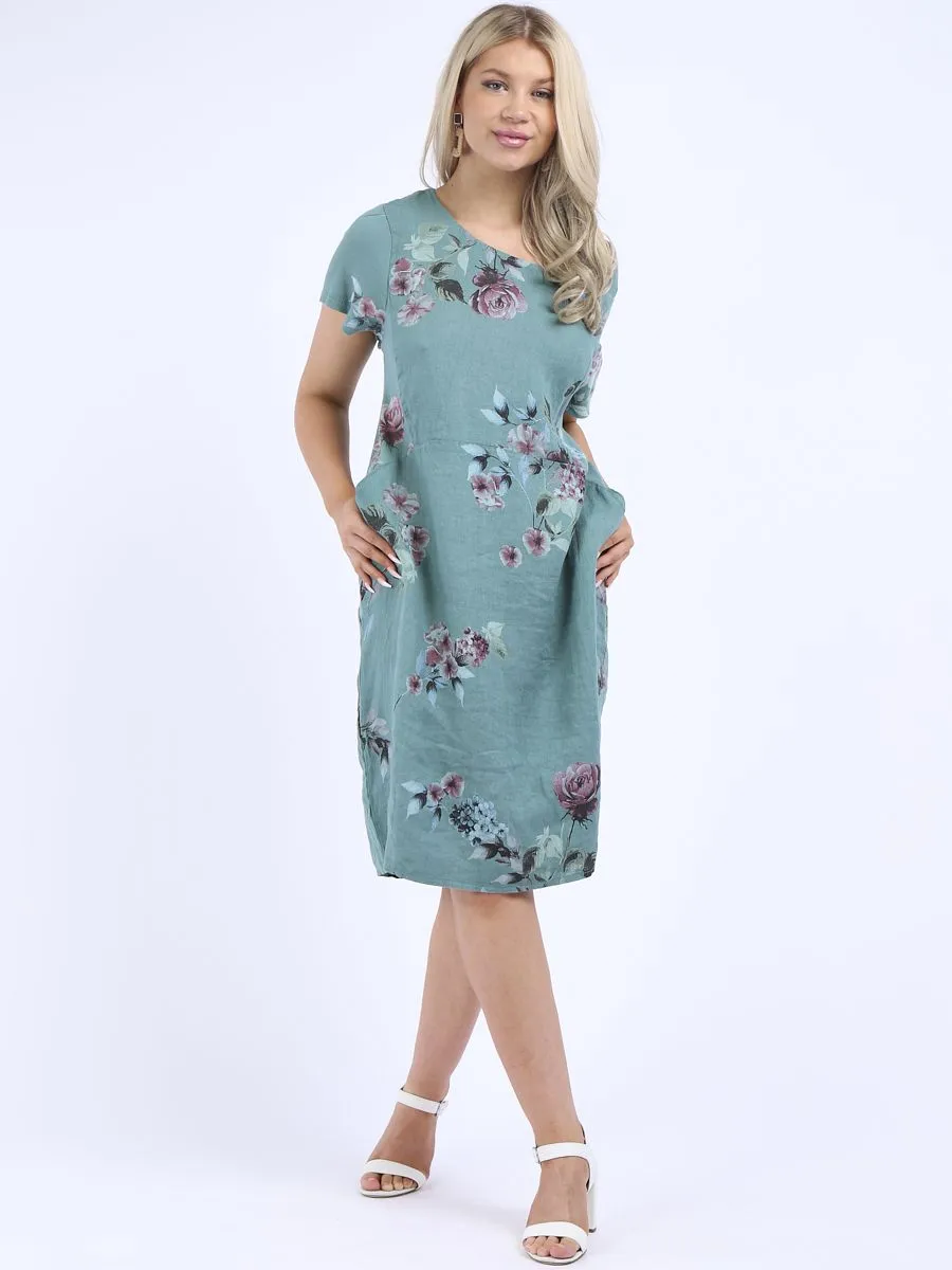 Made in Italy Classic Shift Flora Duo Linen Dress ~ Ocean
