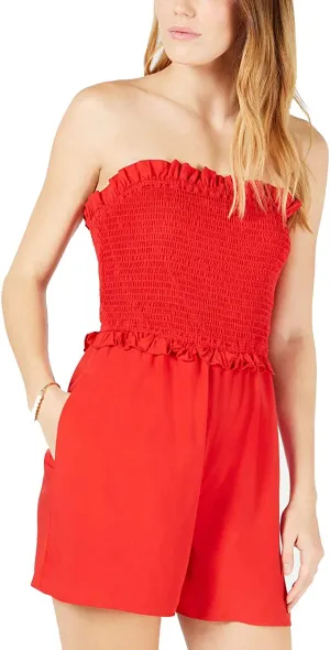 Maison Jules Womens Smocked Romper Jumpsuit, Red, Large