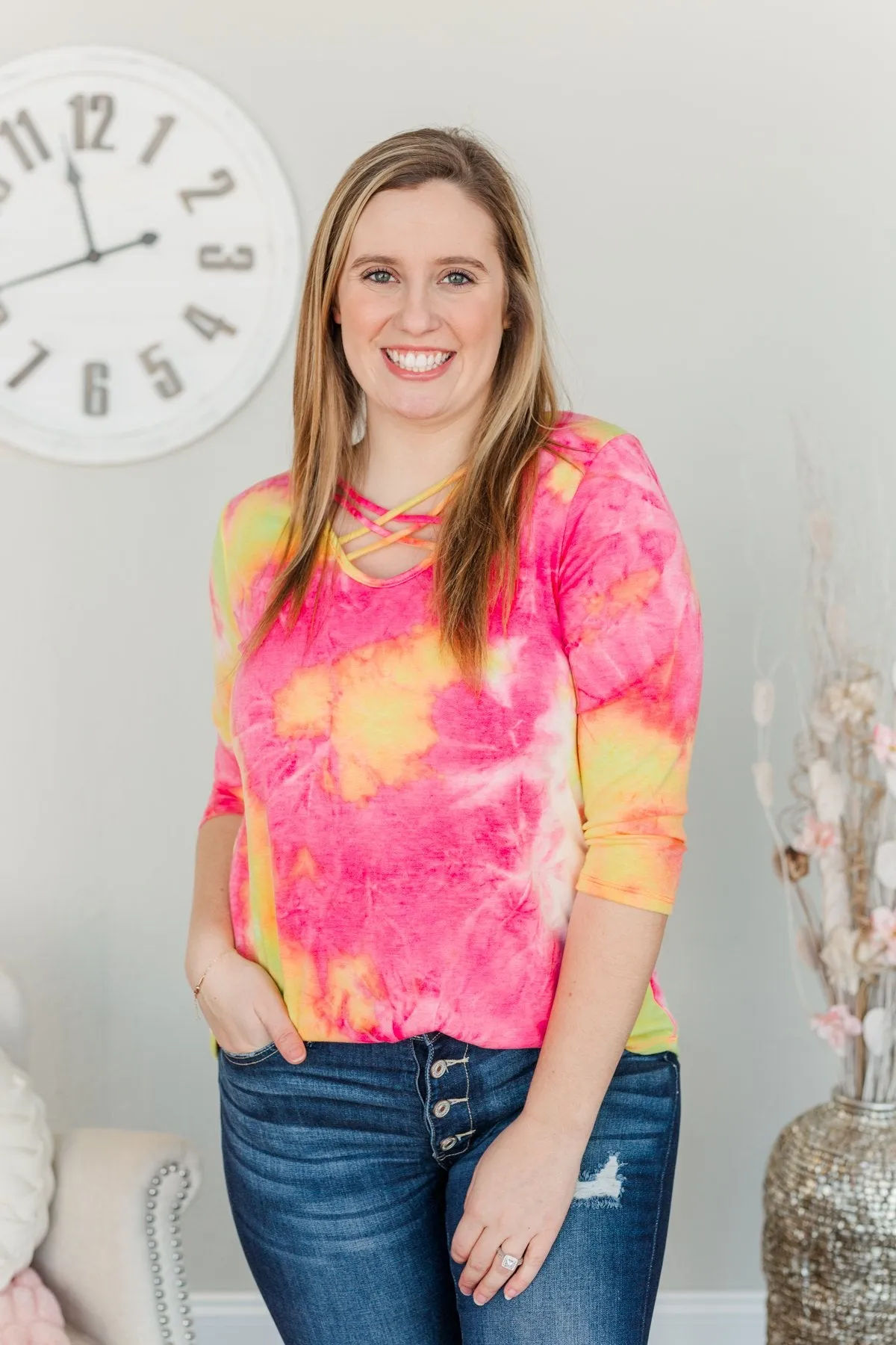Make It Fun Criss-Cross Top- Bright Pink, Yellow, & Ivory