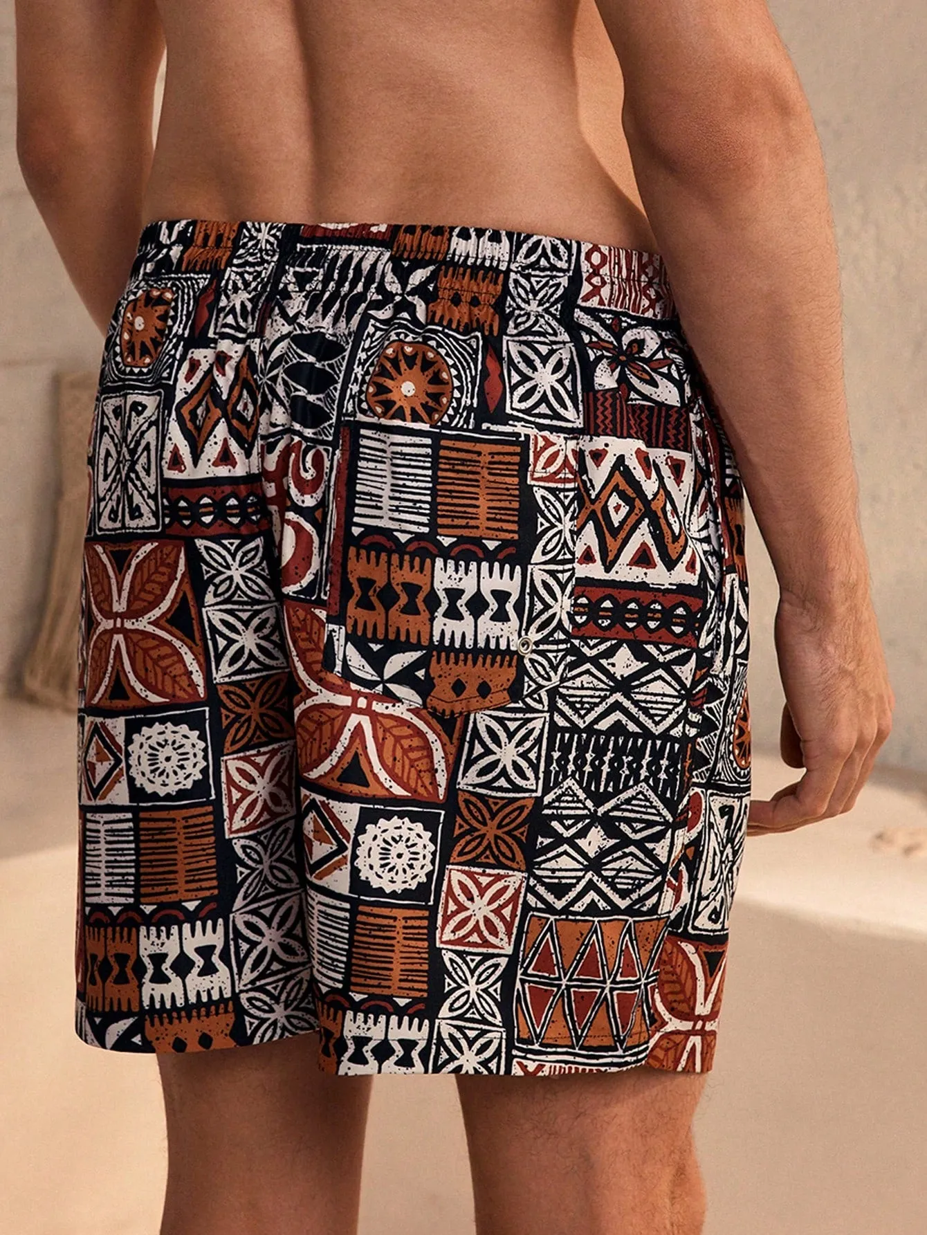 Men drawstring shorts| Geometric Drawstring Waist Loose Beach Shorts