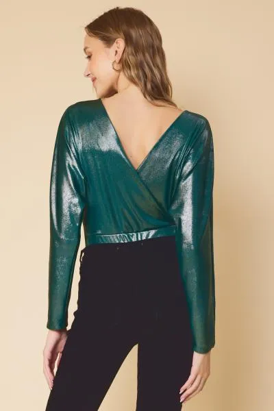 Metallic V-Neck Bodysuit with Snap Closure - Dark Emerald -