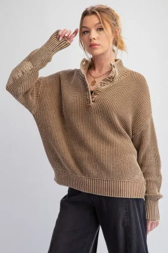 Mocha Washed Out Knit Sweater with Elbow Patch
