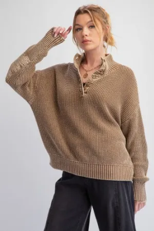 Mocha Washed Out Knit Sweater with Elbow Patch