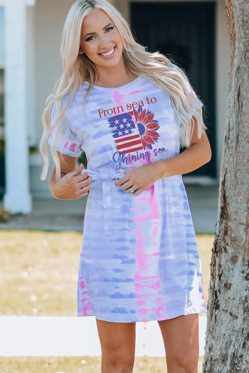 Multicolor American Flag Sunflower Tie Dye Print Adult Mini Dress